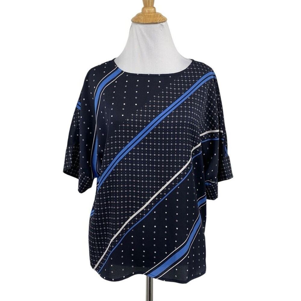 Vince Camuto Blouse Womens XS Extra Small Navy White Dot High Low Half Sleeve
